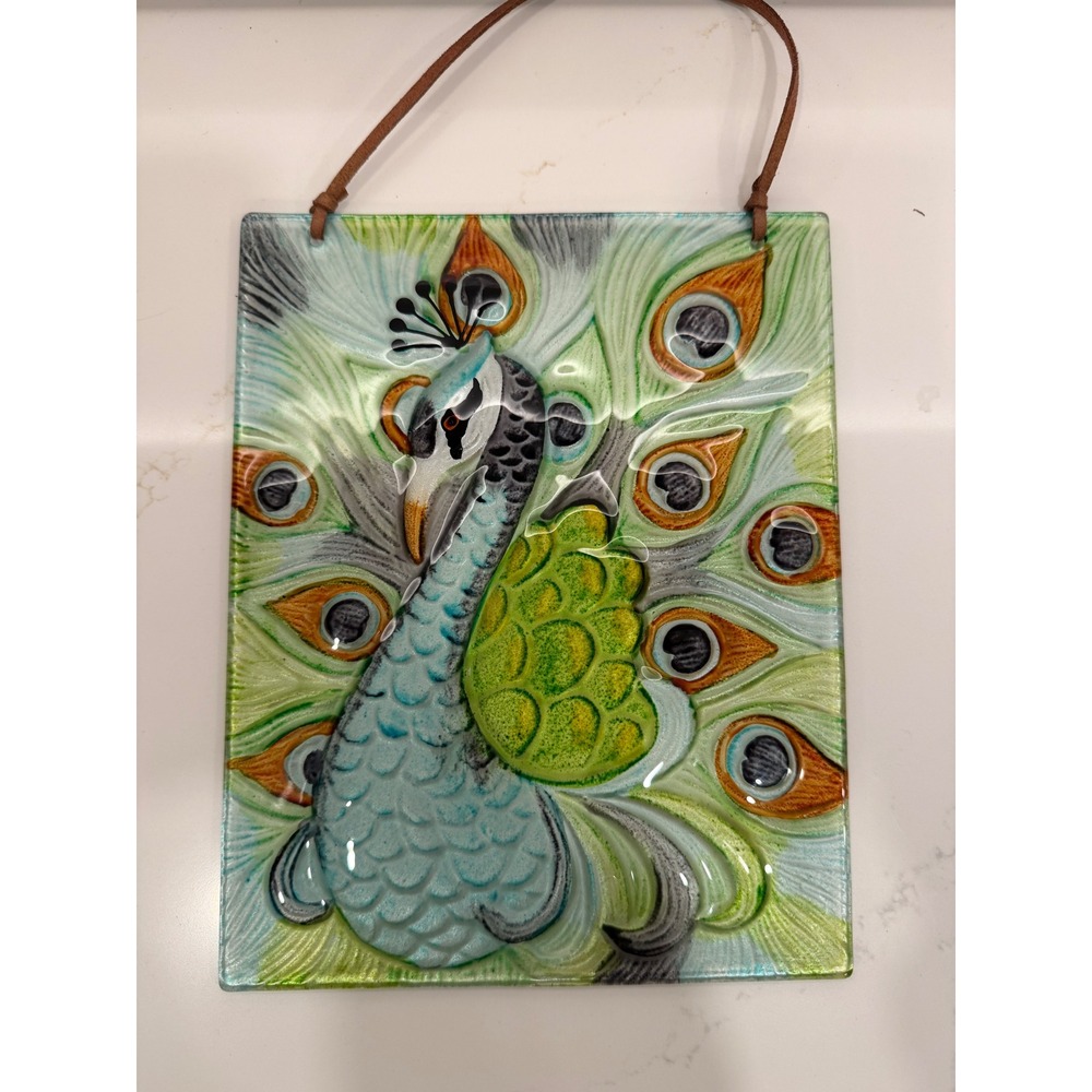 Pier One Reverse Painting Peacock Textured Glass Wall Art Plaque Hanging Decor